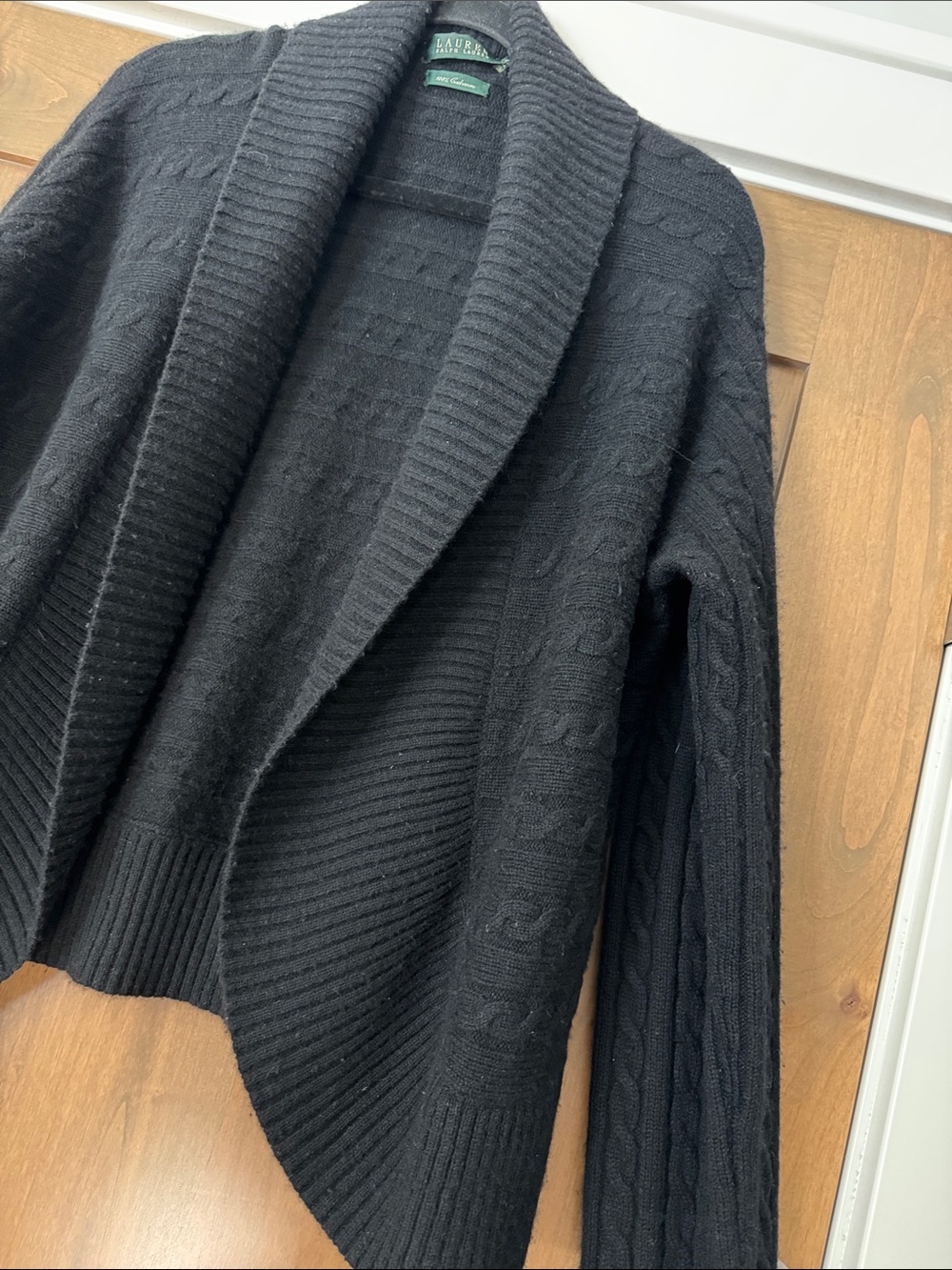 Ralph Lauren Cashmere Cardigan Sweater Womens XL Black Cable Knit Open Front